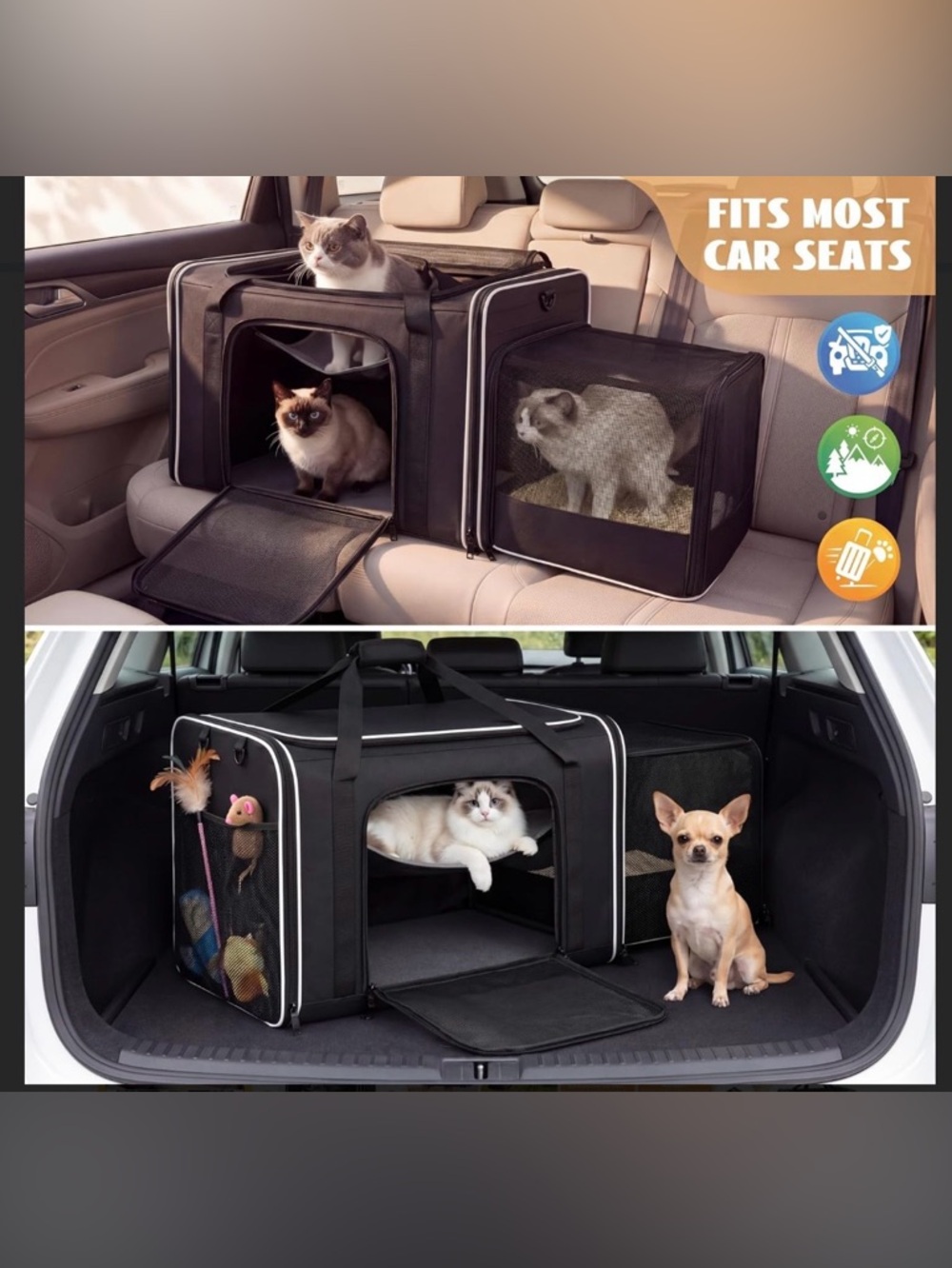 Extra Large Cat Carrier with Built-in Litter Box for Car Travel & Road Trips